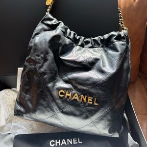 Chanel 22 Small Black Leather Shoulder Bag with Gold Chain